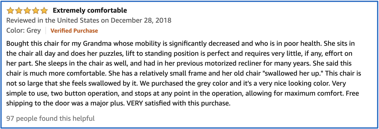 Irene House Power Lift Recliner Testimonials