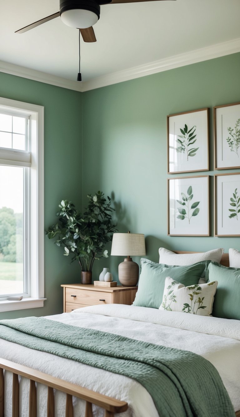 A serene bedroom with sage green walls, botanical prints, and natural wood furniture. Peaceful and inviting for retirees