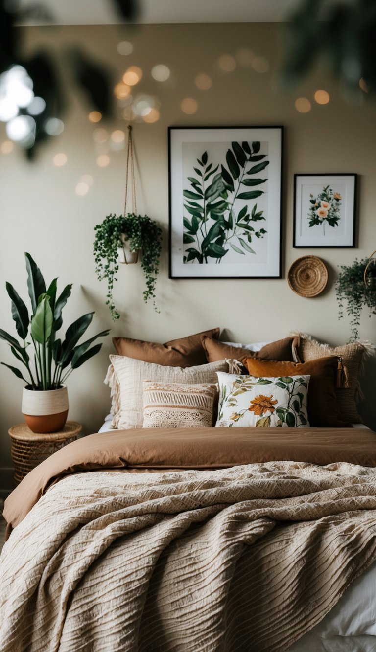 A cozy bedroom with a mix of textured bedding in earthy tones, adorned with botanical-themed decor such as potted plants, floral prints, and nature-inspired artwork