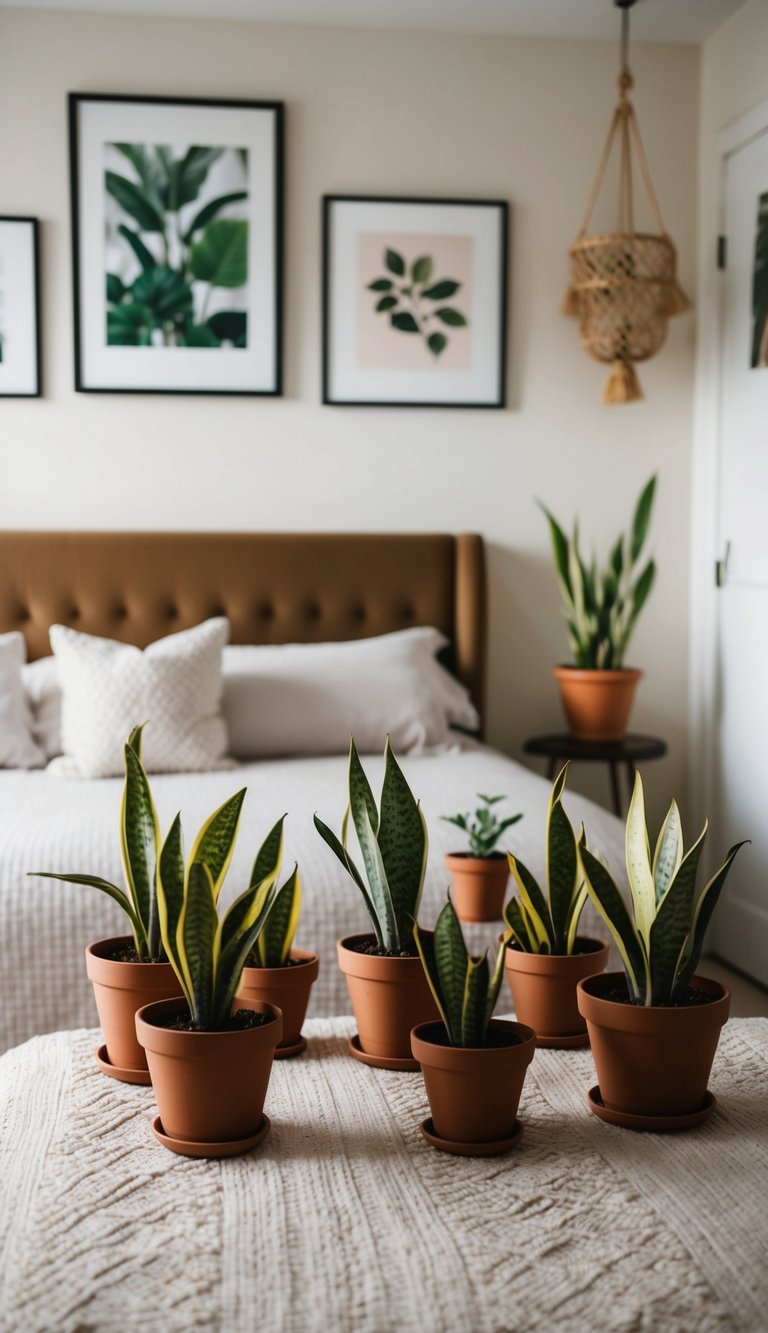 A cozy bedroom with 10 potted snake plants scattered around, adding a touch of botanical freshness to the retiree's space