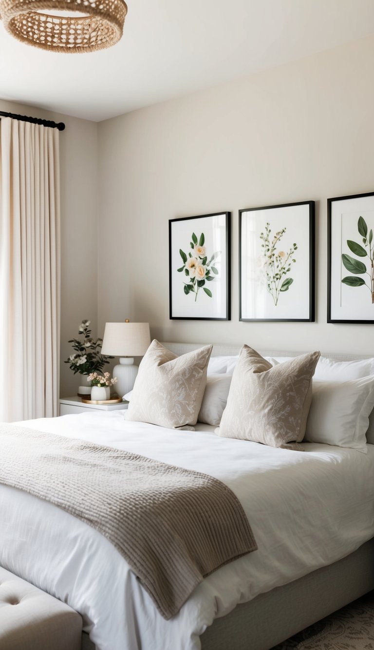 A cozy bedroom with a neutral color palette and elegant botanical prints hanging on the walls. The room is well-lit and features comfortable furniture for a relaxing atmosphere