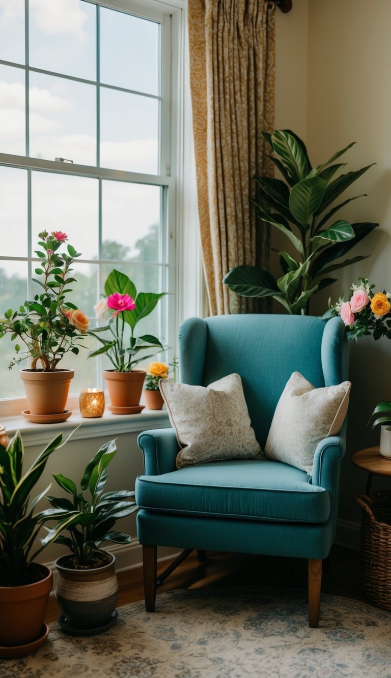 A cozy reading chair by a window surrounded by potted plants and floral decor in a retiree's bedroom