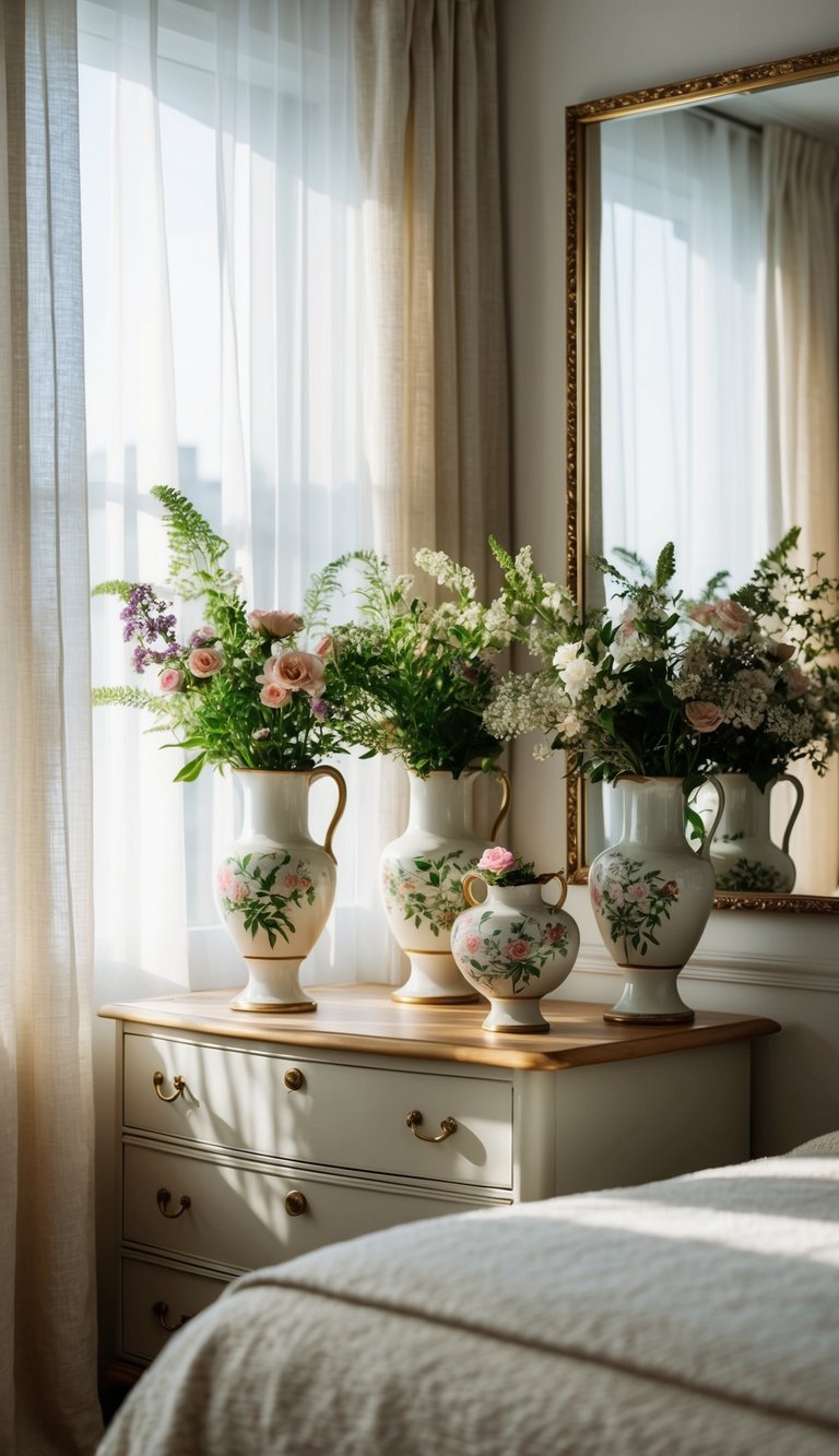 A cozy bedroom with vintage vases filled with fresh flowers on a dresser, nightstand, and windowsill. Sunlight filters through sheer curtains, casting a soft glow on the botanical decor