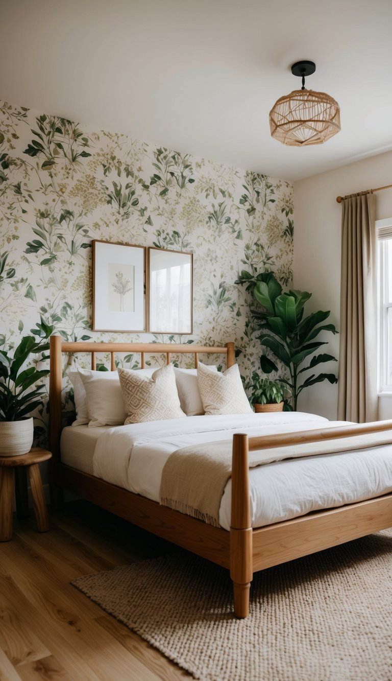 A cozy bedroom with a wooden bed frame, botanical wallpaper, potted plants, and natural wood furniture