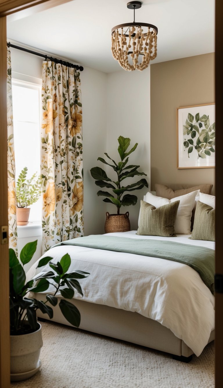 Floral curtains frame a cozy bedroom with botanical decor, including potted plants, nature-inspired artwork, and earthy color palette