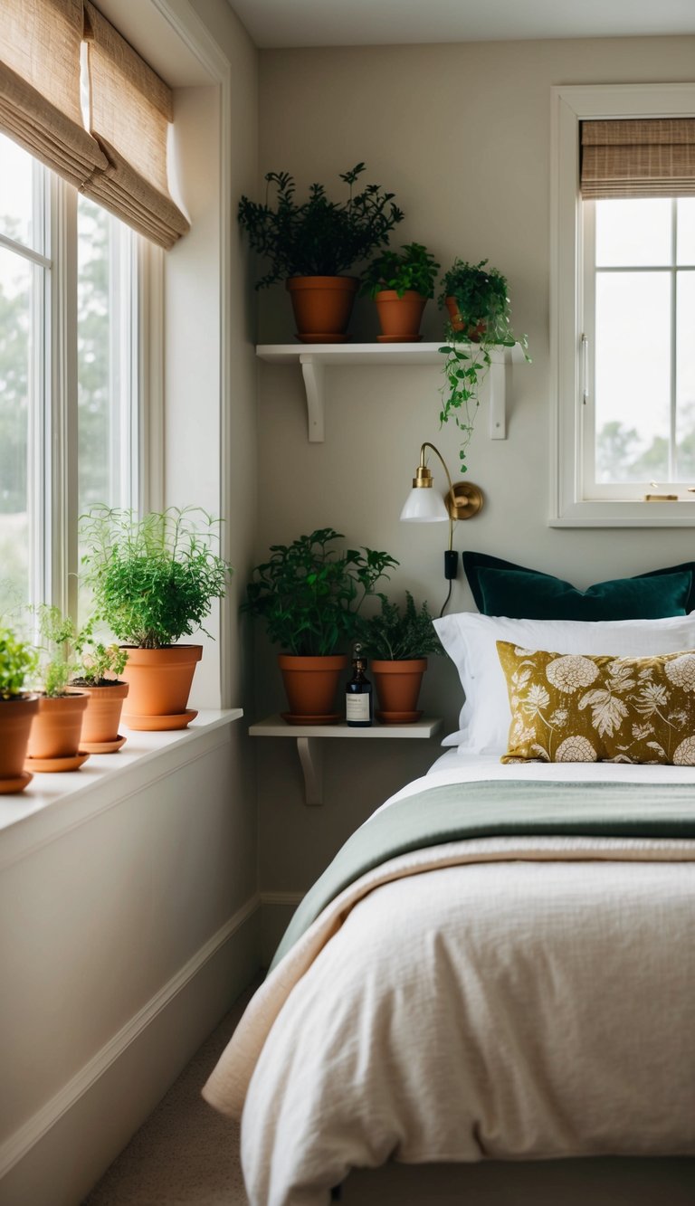 A cozy bedroom with potted herbs on shelves and windowsills. Soft lighting and botanical-themed decor create a tranquil space for retirees