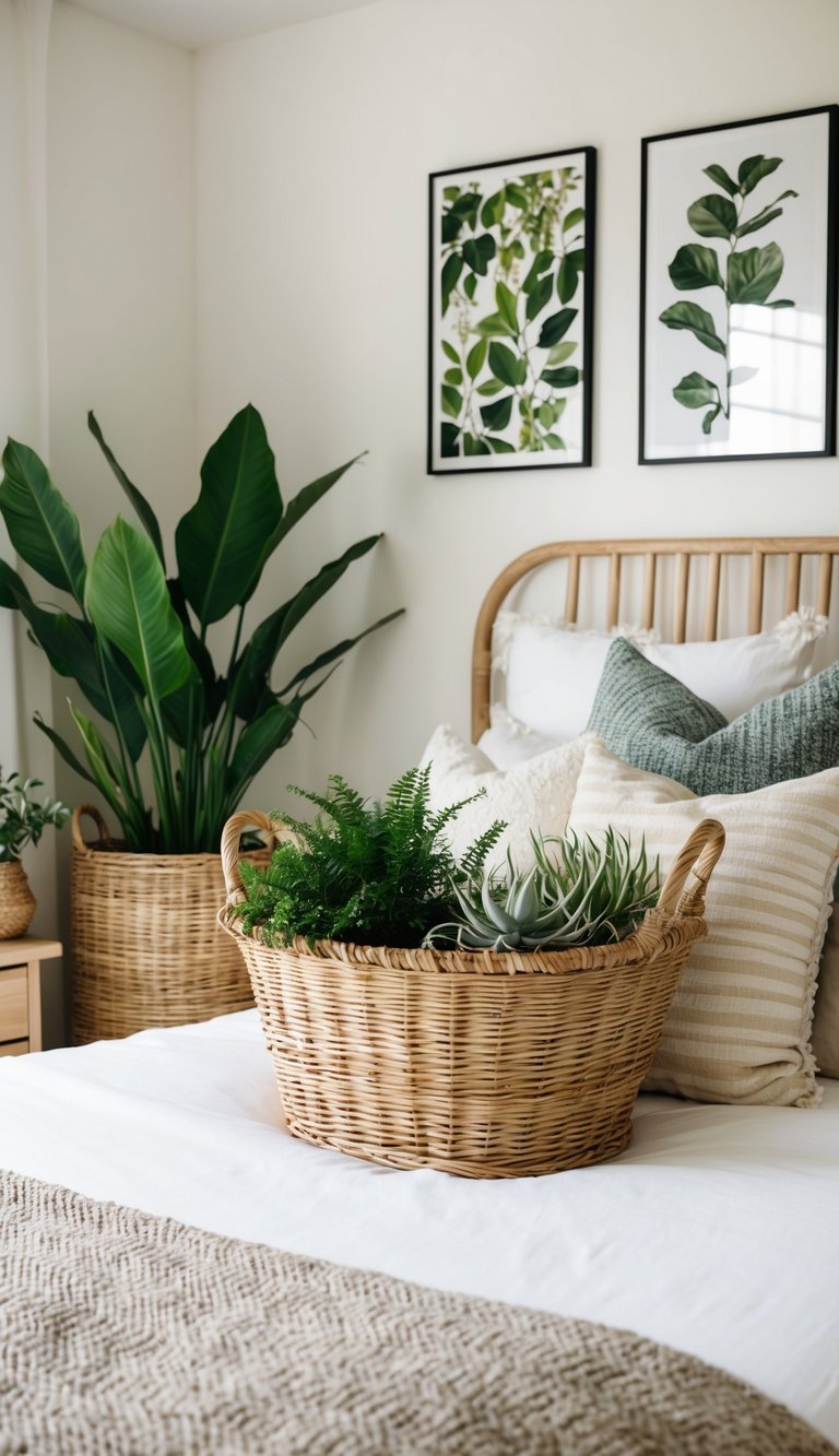 A cozy bedroom with wicker baskets filled with plants, botanical prints on the walls, and natural wood furniture