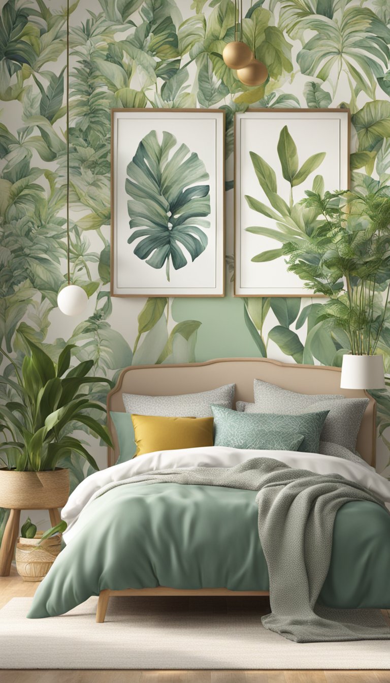 A cozy bedroom with botanical-themed decor, featuring leafy wallpaper, potted plants, floral bedding, and nature-inspired artwork