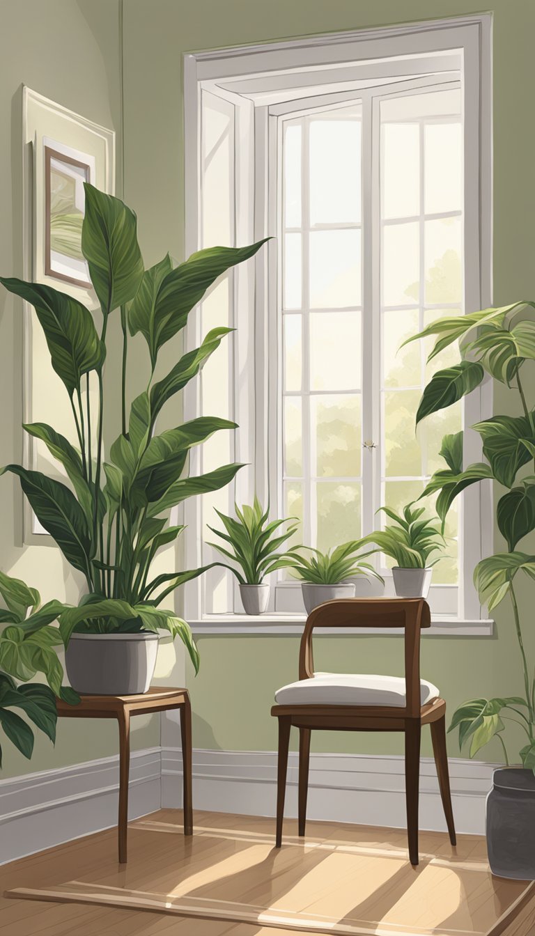 A cozy bedroom with a large window, featuring potted peace lilies on a side table, creating a serene and tranquil atmosphere for retirees