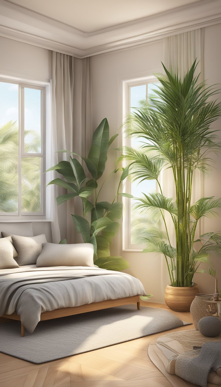 A cozy bedroom with a bamboo palm plant adding a tropical touch and natural air purification. Comfortable and serene atmosphere for retirees
