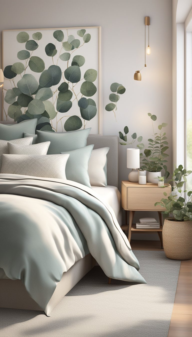 A serene bedroom with eucalyptus leaf prints on the walls, bedding, and decor. Soft lighting and natural textures create a tranquil atmosphere