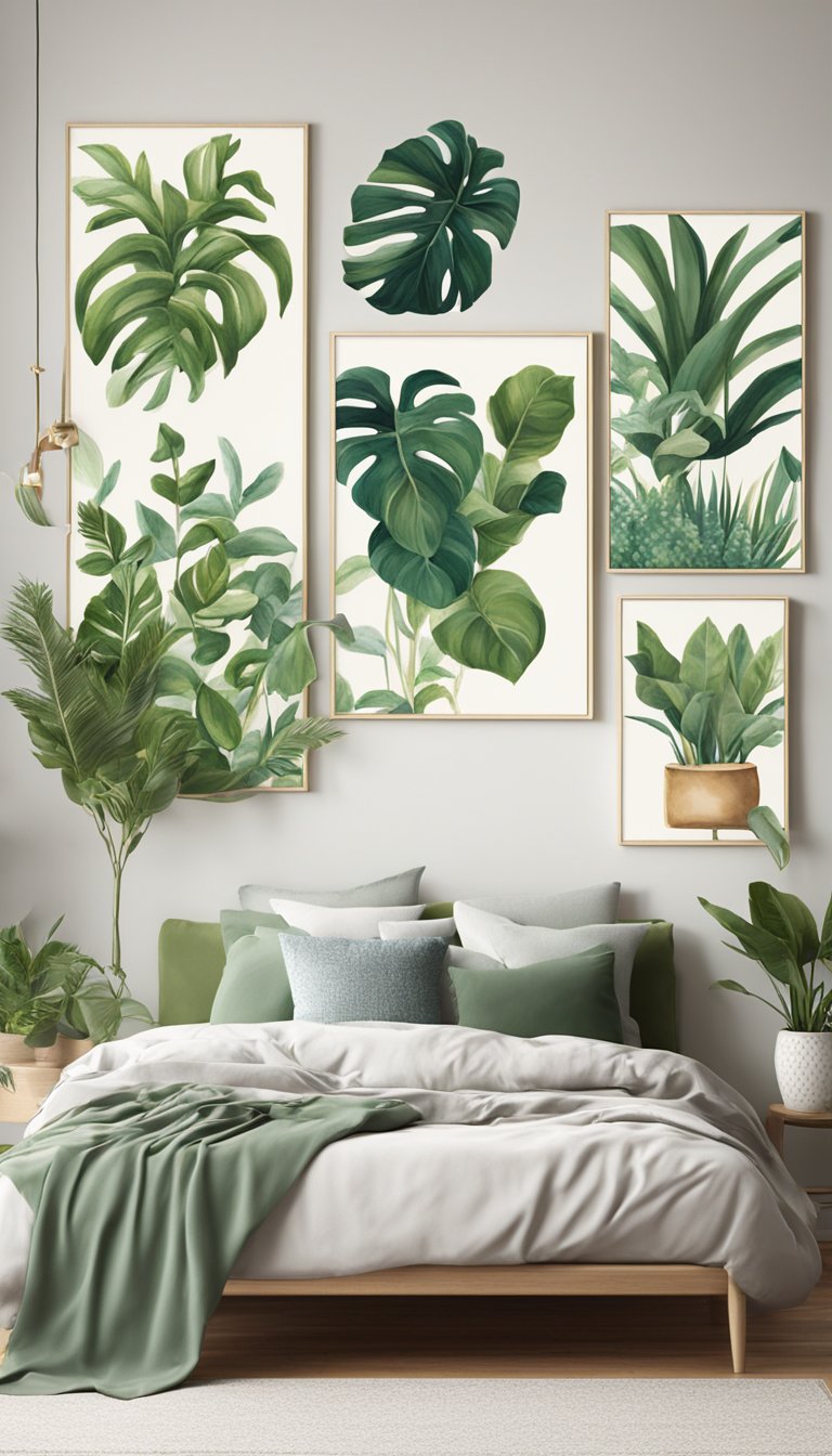 Botanical-themed canvases hung on a bedroom wall, surrounded by green plants and natural light streaming in through the window