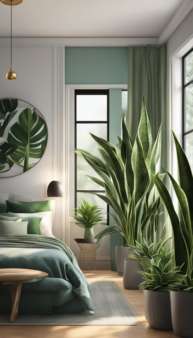 Several snake plants arranged in a dimly lit bedroom, adding texture and greenery to the space