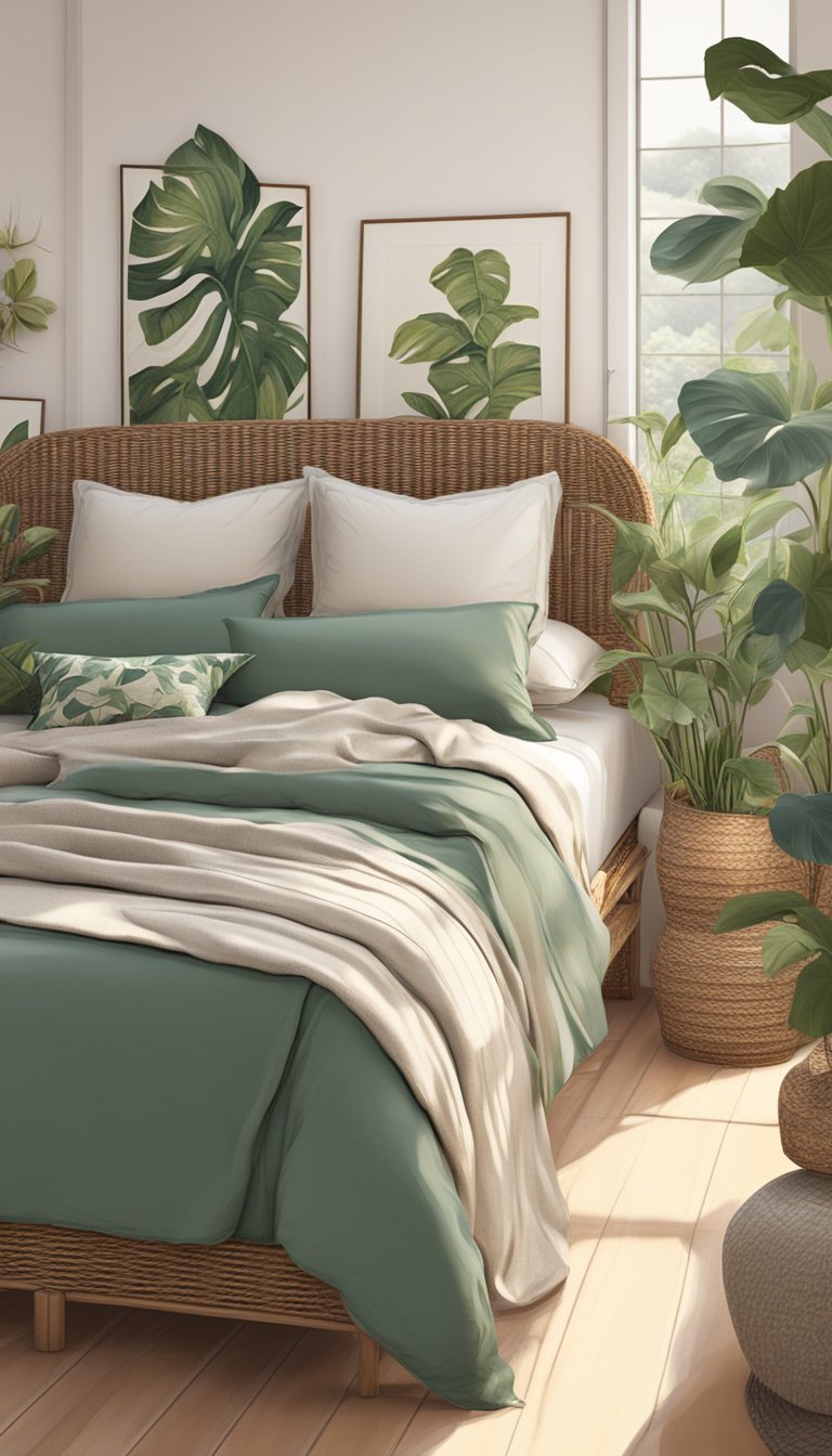 Wicker bed frame and side tables with potted plants, botanical prints on the wall, soft lighting, and a cozy armchair in a retiree's bedroom