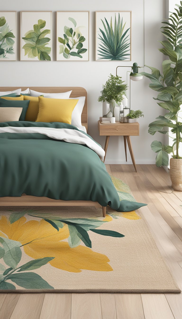 Two jute rugs layered on a bedroom floor, with botanical decor accents