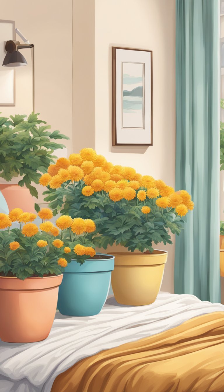 A cozy bedroom with chrysanthemum plants in colorful pots, adding a cheerful and vibrant touch to the room's botanical theme