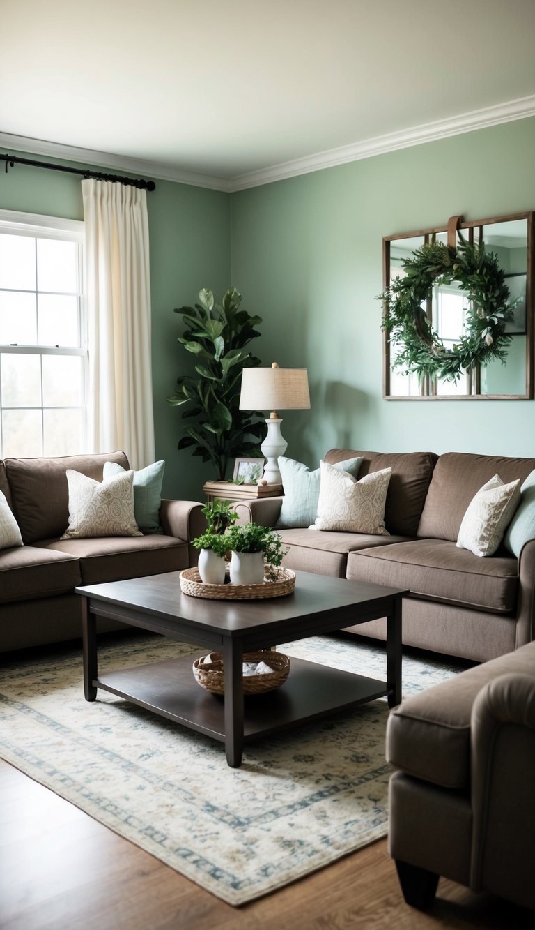 Living Room Paint Color Ideas | v2 s7pyj 9pj24 A cozy living room with muted sage green walls and brown furniture, filled with soft natural light and accented with greenery