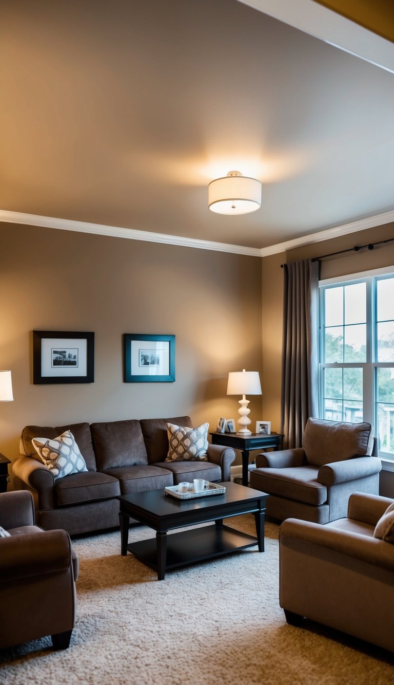 Living Room Paint Color Ideas | v2 s7pz1 2aw1d A cozy living room with warm taupe walls and brown furniture. A plush sofa and armchair invite relaxation, while a coffee table and soft lighting complete the inviting space