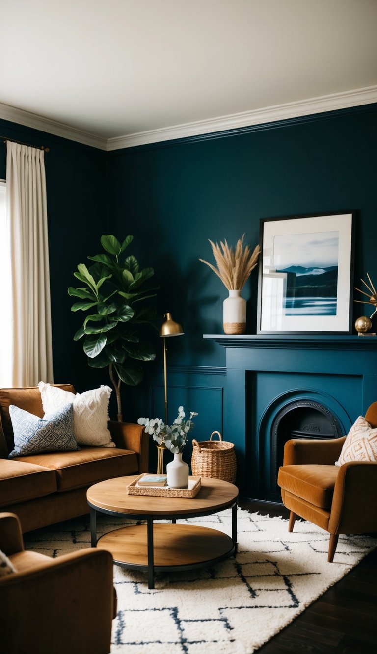 Living Room Paint Color Ideas | v2 s7pz9 f7t0h A cozy living room with deep navy blue walls, accented with warm brown furniture and decorative elements