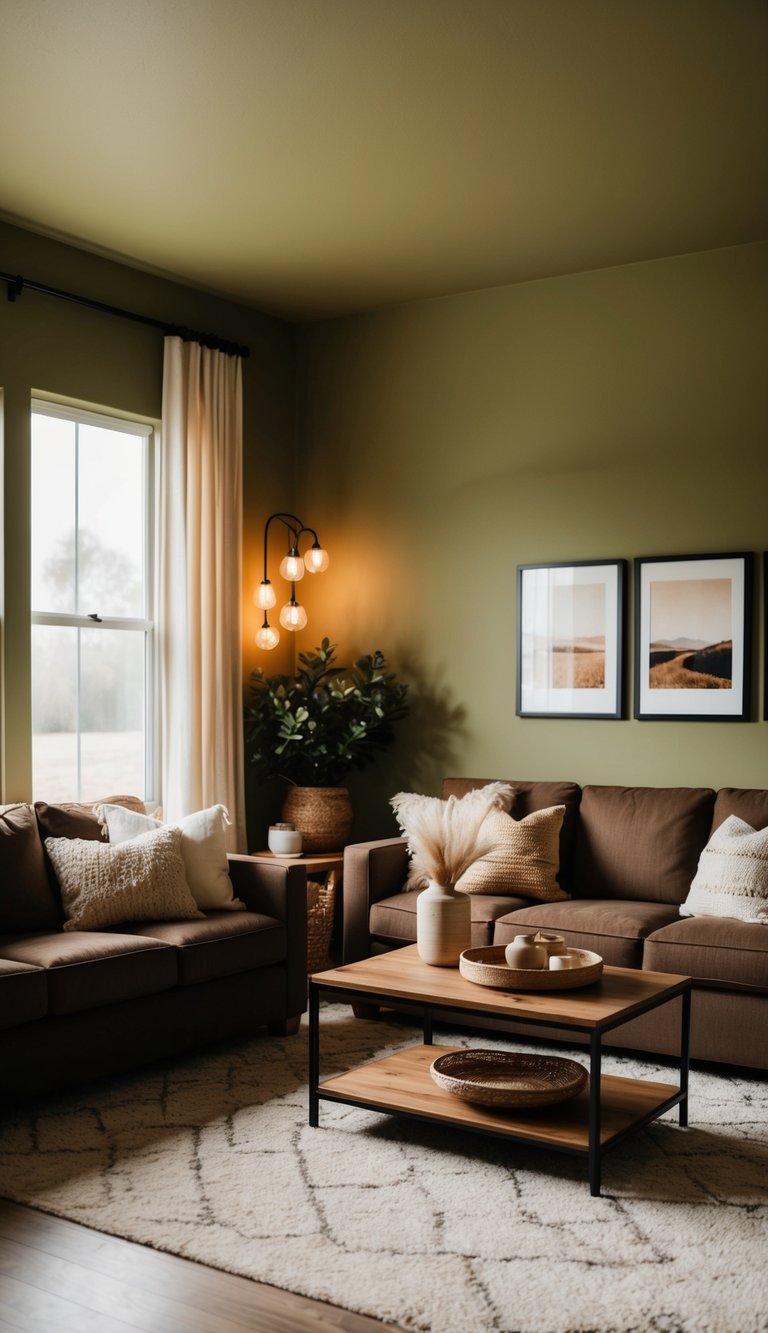 Living Room Paint Color Ideas | v2 s7pzg j6jvl A cozy living room with earthy olive green walls and brown furniture, accented with warm lighting and natural decor