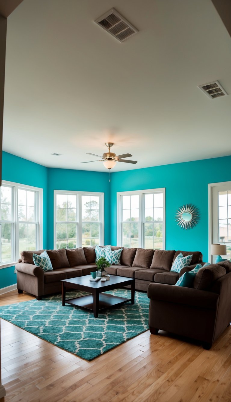 Living Room Paint Color Ideas | v2 s7pzw daktk A spacious living room with aqua blue walls and brown furniture, filled with natural light from large windows