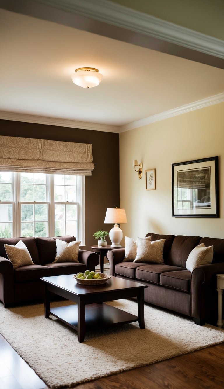 Living Room Paint Color Ideas | v2 s7q04 A cozy living room with brown furniture, featuring Classic Cream Touch 10 paint on the walls