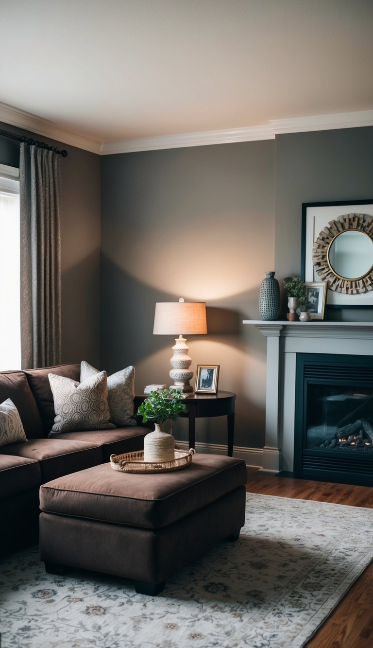 Living Room Paint Color Ideas | v2 s7q0b ga7b9 A cozy living room with brown furniture accented by sophisticated gray walls, soft lighting, and tasteful decor