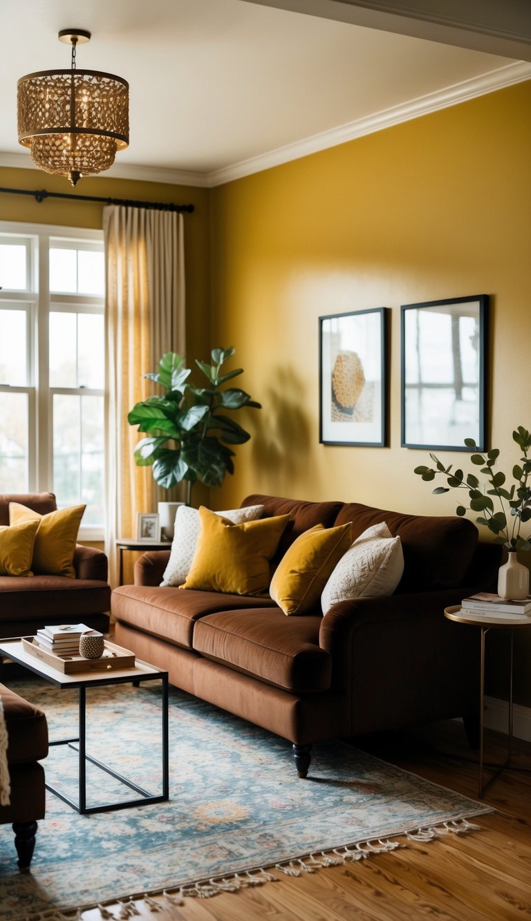 Living Room Paint Color Ideas | v2 s7q0j zhk2s A cozy living room with rich brown furniture, adorned with vibrant mustard gold walls and accents