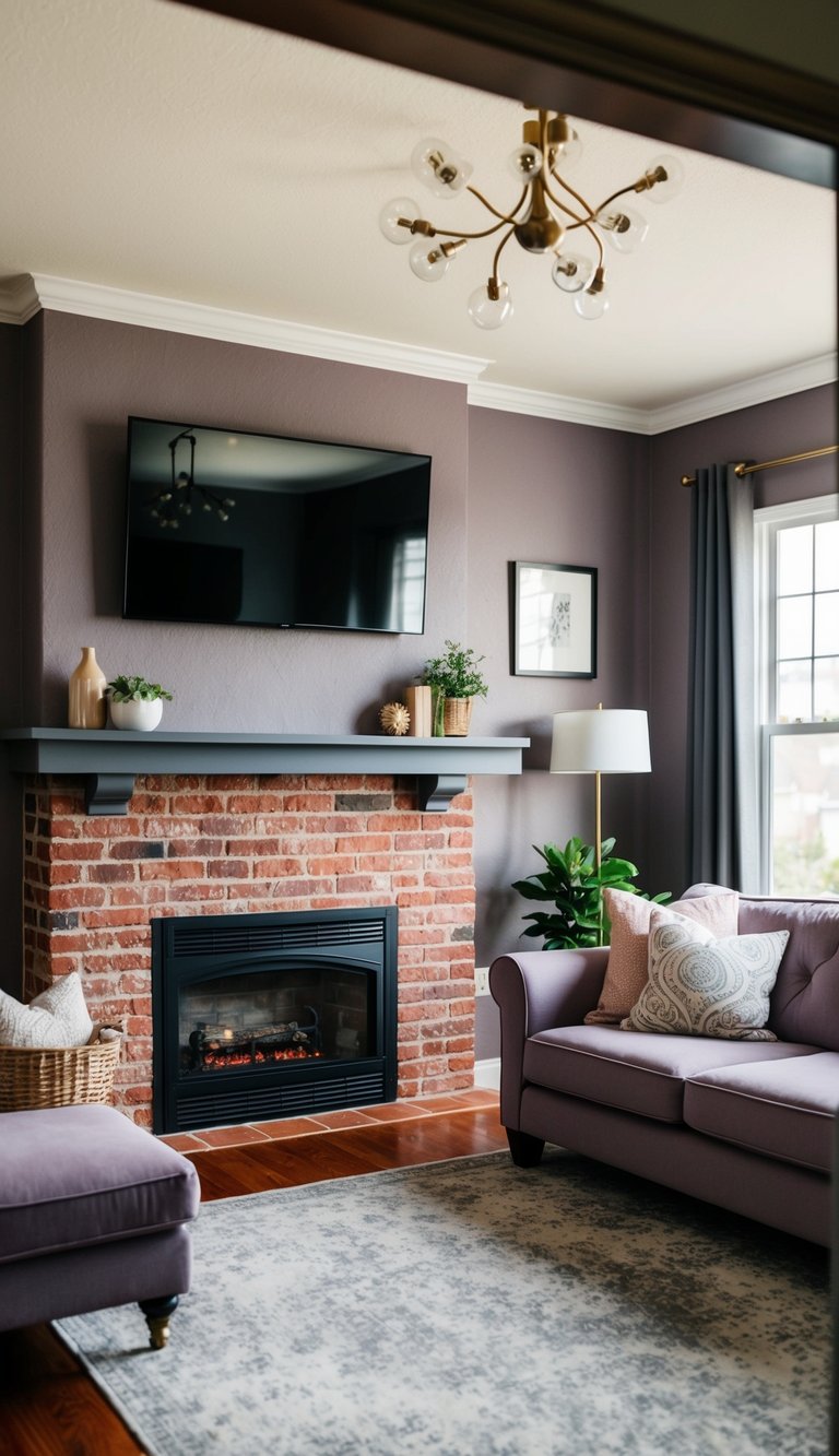 Living Room Paint Color Ideas with Red Brick Fireplace | v2 s7q86 A cozy living room with a red brick fireplace, painted in warm gray with violet undertones