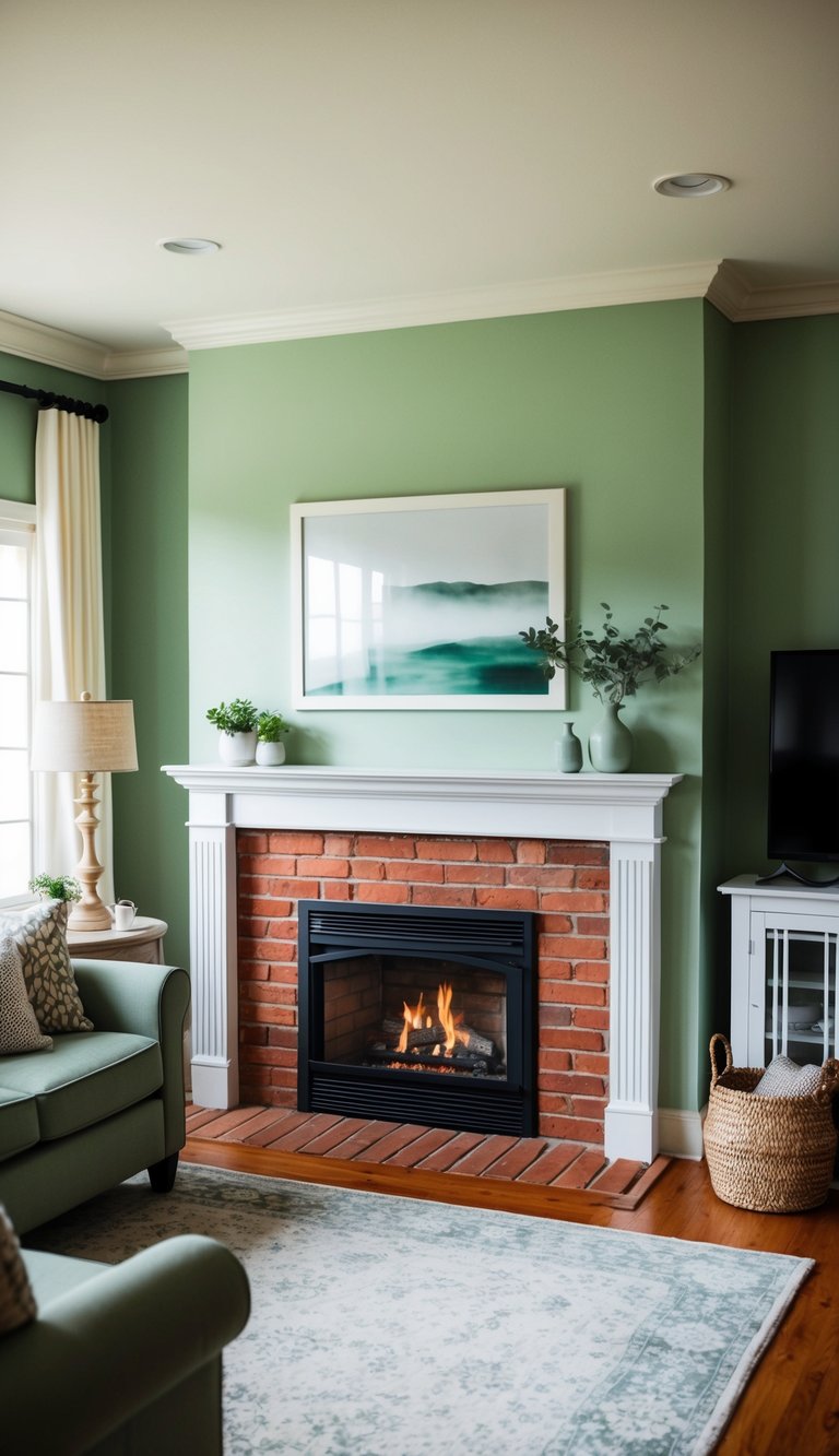 Living Room Paint Color Ideas with Red Brick Fireplace | v2 s7q8e an0ed A cozy living room with a red brick fireplace, painted in a calming sage green color, creating a warm and inviting atmosphere