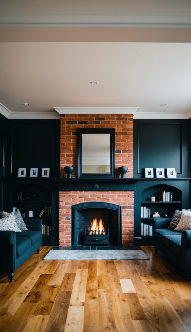 Living Room Paint Color Ideas with Red Brick Fireplace | v2 s7q8m p93rk A spacious living room with a red brick fireplace as the focal point. Charcoal black walls create bold contrast and add a modern touch to the traditional setting