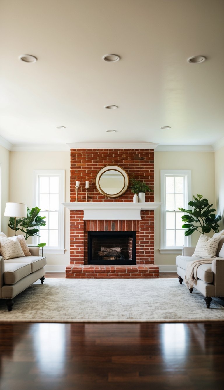 Living Room Paint Color Ideas with Red Brick Fireplace | v2 s7q8u odca2 A spacious living room with a red brick fireplace as the focal point, painted in a creamy white color for a clean and modern look