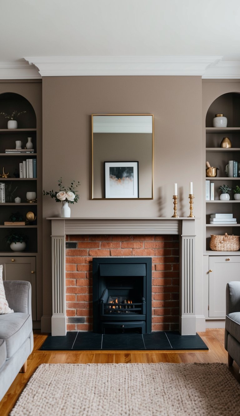Living Room Paint Color Ideas with Red Brick Fireplace | v2 s7q94 1mgby A cozy living room with a red brick fireplace, painted in a light taupe color for a subtle and sophisticated atmosphere