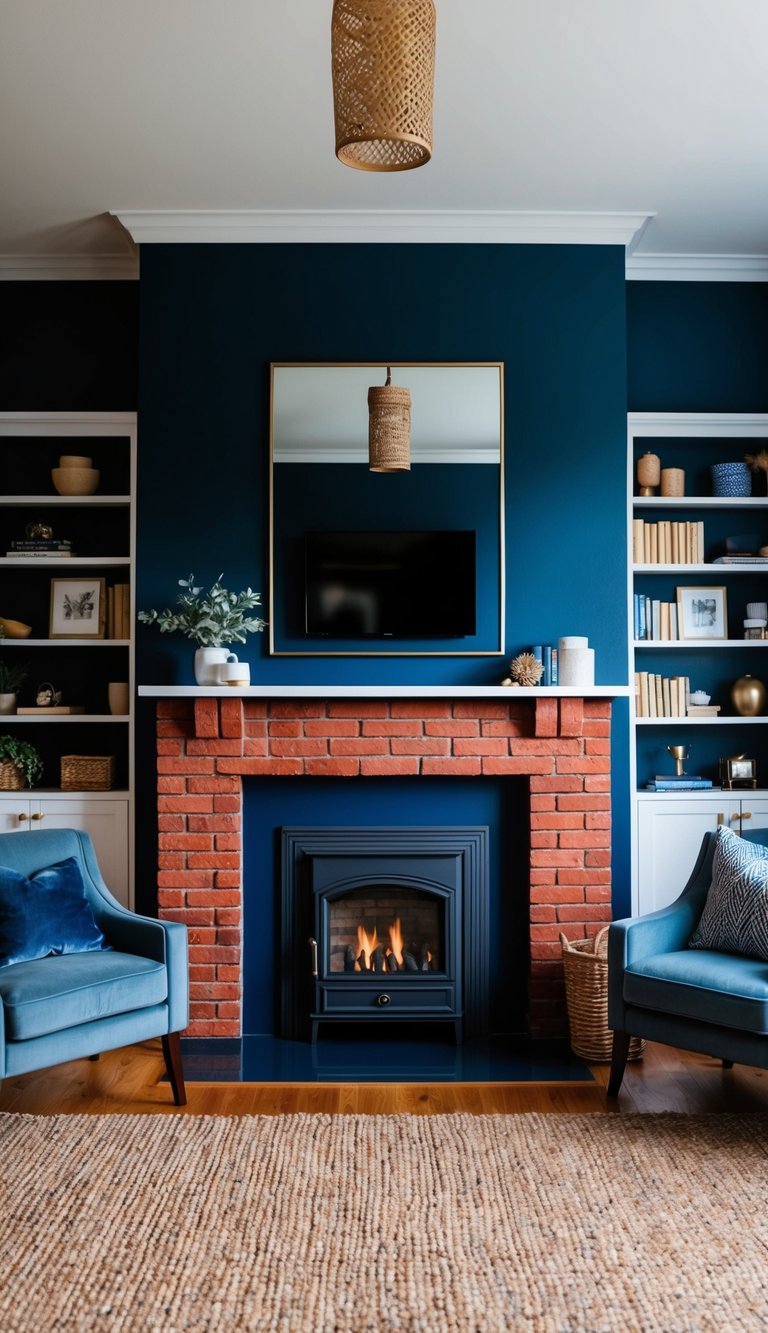 Living Room Paint Color Ideas with Red Brick Fireplace | v2 s7q9e 9zqc9 A cozy living room with a red brick fireplace as the focal point, painted in a rich navy blue for a bold accent