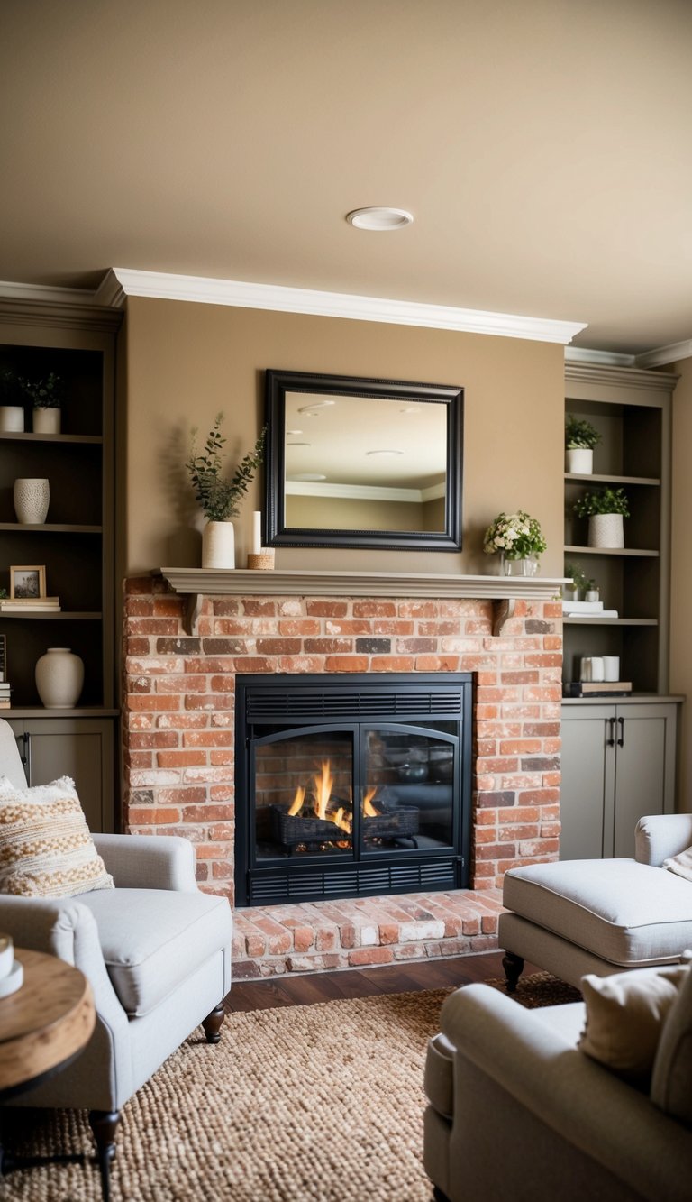 Living Room Paint Color Ideas with Red Brick Fireplace | v2 s7q9m A cozy living room with a red brick fireplace, painted in earthy greige tones, creating a warm and inviting atmosphere