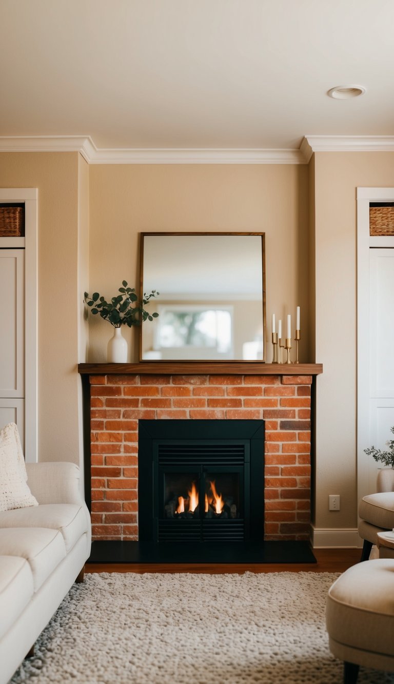 Living Room Paint Color Ideas with Red Brick Fireplace | v2 s7q9u jgbqw A cozy living room with a red brick fireplace and soft beige walls exuding a feeling of neutral warmth