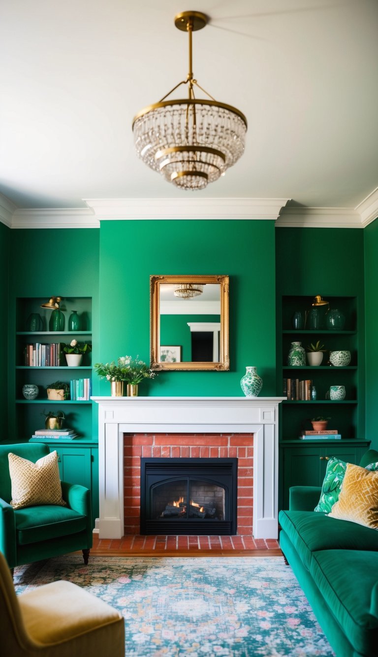 Living Room Paint Color Ideas with Red Brick Fireplace | v2 s7qa3 2sb8l Emerald green walls surround a cozy living room with a red brick fireplace, creating a lush and vibrant atmosphere