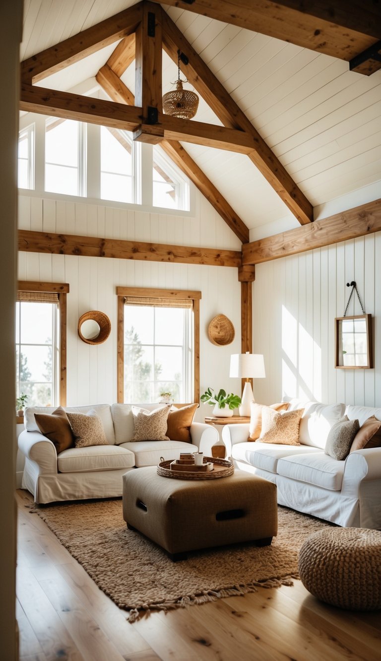 | v2 s7qca 76tpl A cozy living room with whitewashed walls and wooden beams, accented with earthy tones and natural textures. Sunlight streams through the windows, casting a warm glow on the inviting space