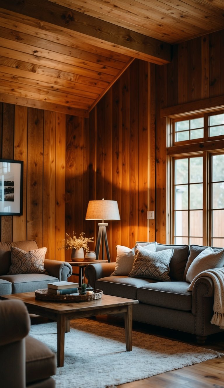 | v2 s7qch 3riiv A cozy rustic living room with Natural Cedar Brown walls, warm lighting, and comfortable furniture