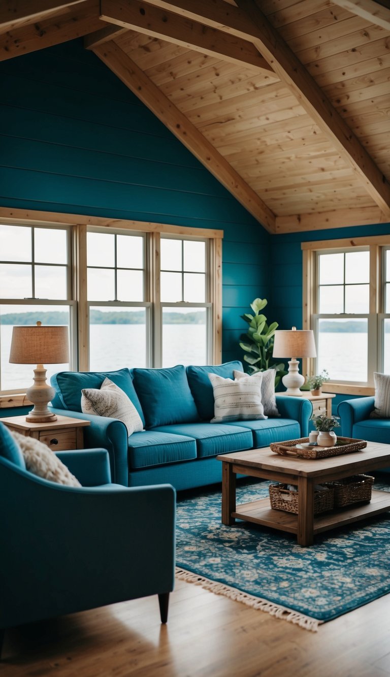 | v2 s7qcp zufq8 A cozy, lakeside cabin with a serene blue living room, featuring rustic decor and natural light streaming in through the windows