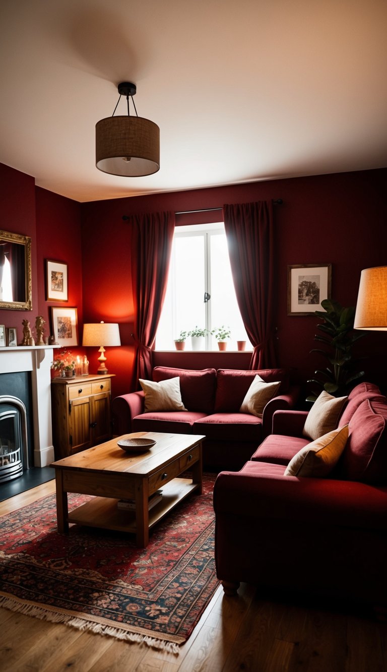 | v2 s7qcy A cozy rustic living room with deep red walls, warm wood furniture, and soft lighting for a bold and inviting atmosphere