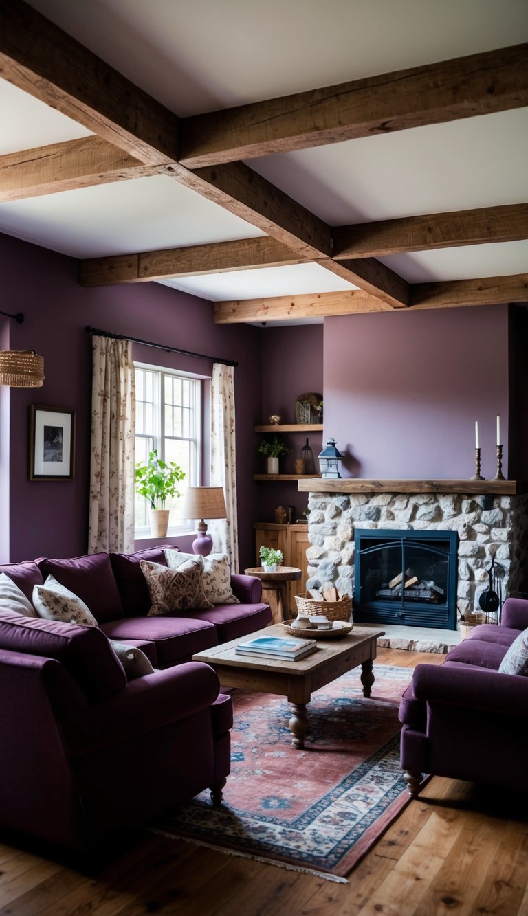 | v2 s7qd7 thwtr A cozy living room with plum-colored walls, exposed wooden beams, a stone fireplace, and comfortable, worn-in furniture
