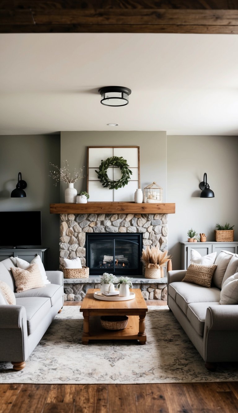 | v2 s7qde 9bucj A cozy rustic living room with neutral gray walls, warm wood accents, and comfortable seating arranged around a stone fireplace