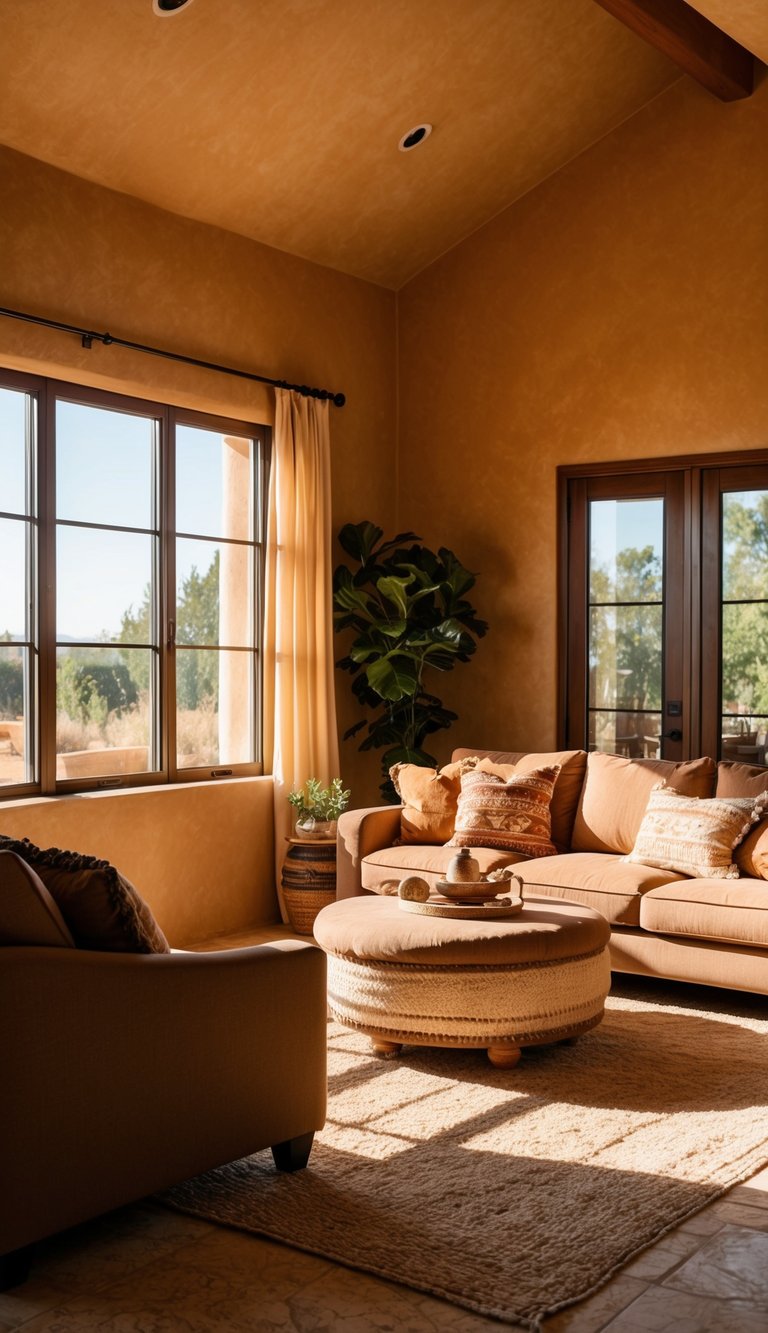| v2 s7qdo fb8wa A cozy, sunlit living room with adobe walls and warm, rustic paint colors. Natural light streams in through large windows, casting a golden glow over the elegant, earthy decor
