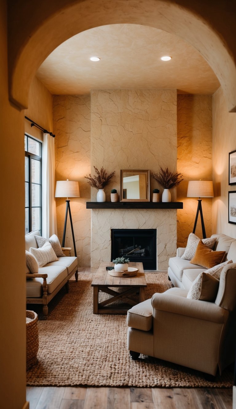 | v2 s7qdx 62sac A cozy living room with warm, earthy tones and textured stucco walls, accented with rustic wooden furniture and soft, inviting lighting