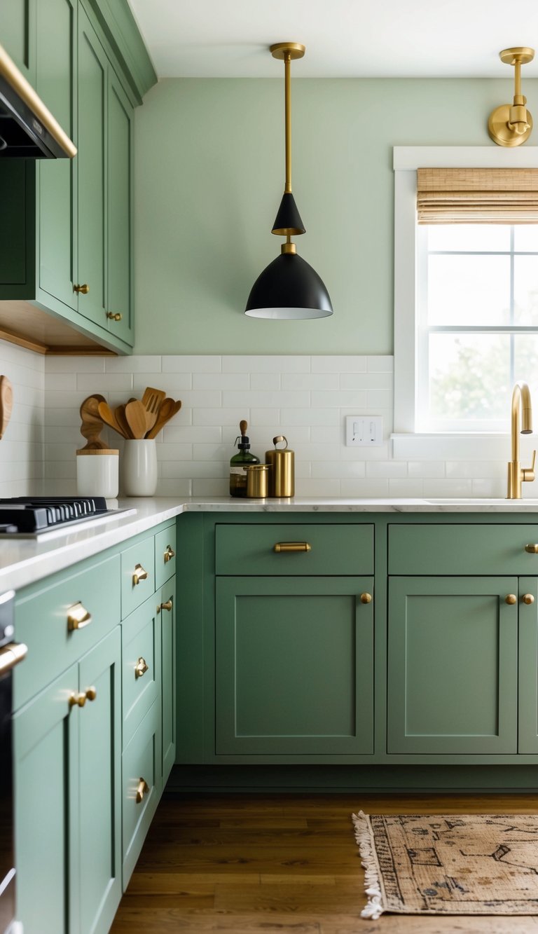 Green Kitchen Ideas | v2 skqpz Sage green cabinets with brass hardware in a modern kitchen