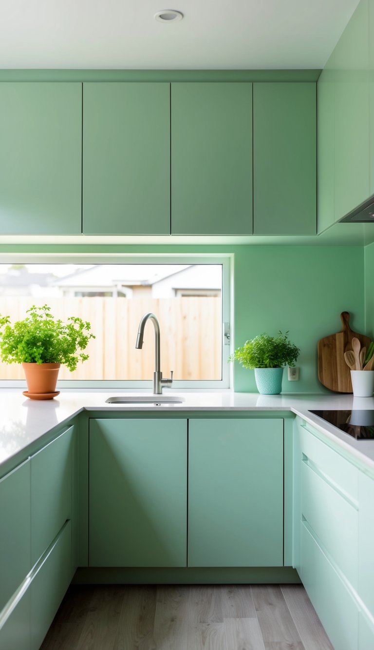 Green Kitchen Ideas | v2 skqqt 2h445 Soft pastel green accents adorn a modern kitchen with sleek cabinets and countertops. A potted herb garden adds a natural touch