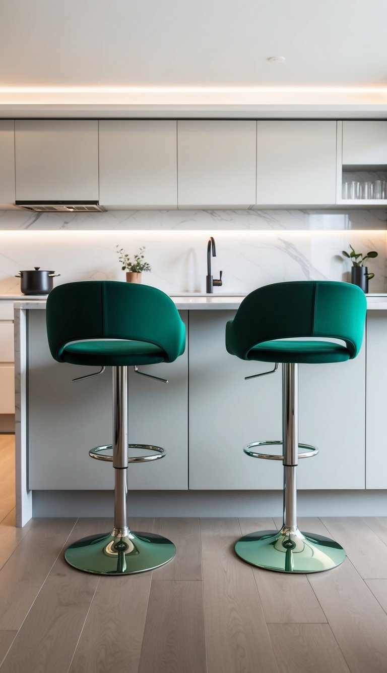 Green Kitchen Ideas | v2 skqr8 748gu Emerald green bar stools stand out in a modern kitchen with sleek design and minimalist decor