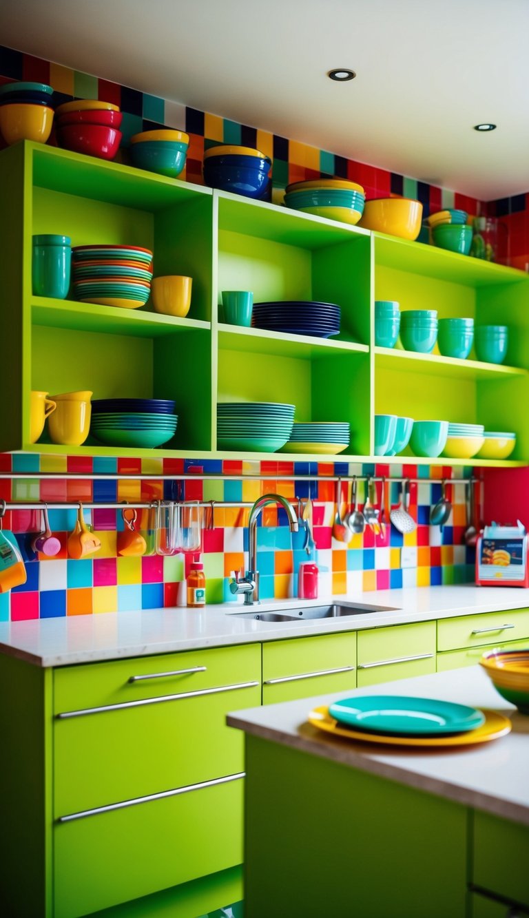 Green Kitchen Ideas | v2 skqrg w37b7 Lime green shelves hold vibrant dishes in a colorful kitchen