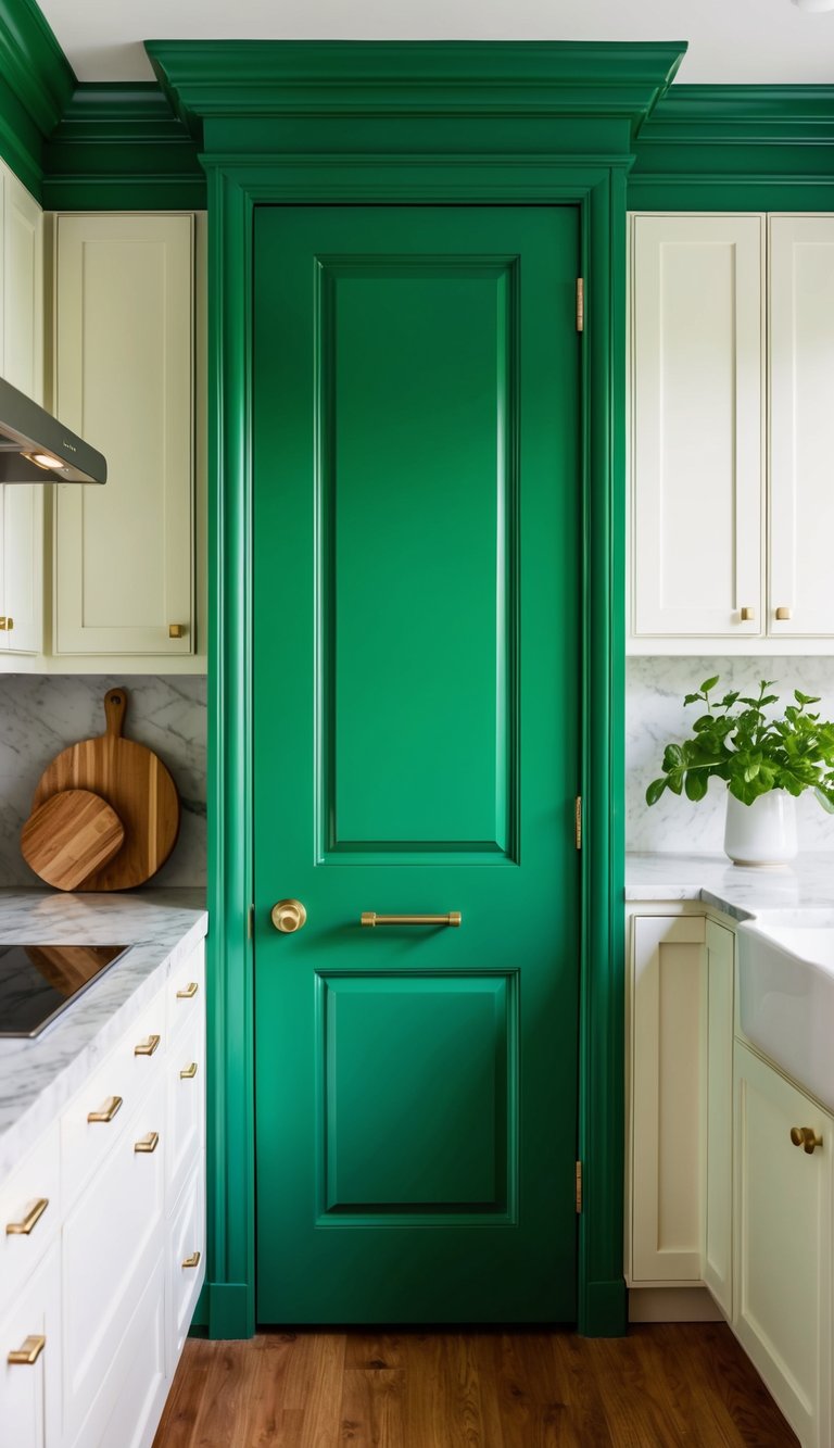 Green Kitchen Ideas | v2 skqro wjokq A hunter green pantry door stands out in a bright green kitchen with white cabinets and marble countertops